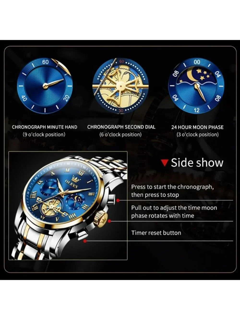 Men's Black Blue Luxury Stainless Chronograph Analog Quartz Waterproof Watch